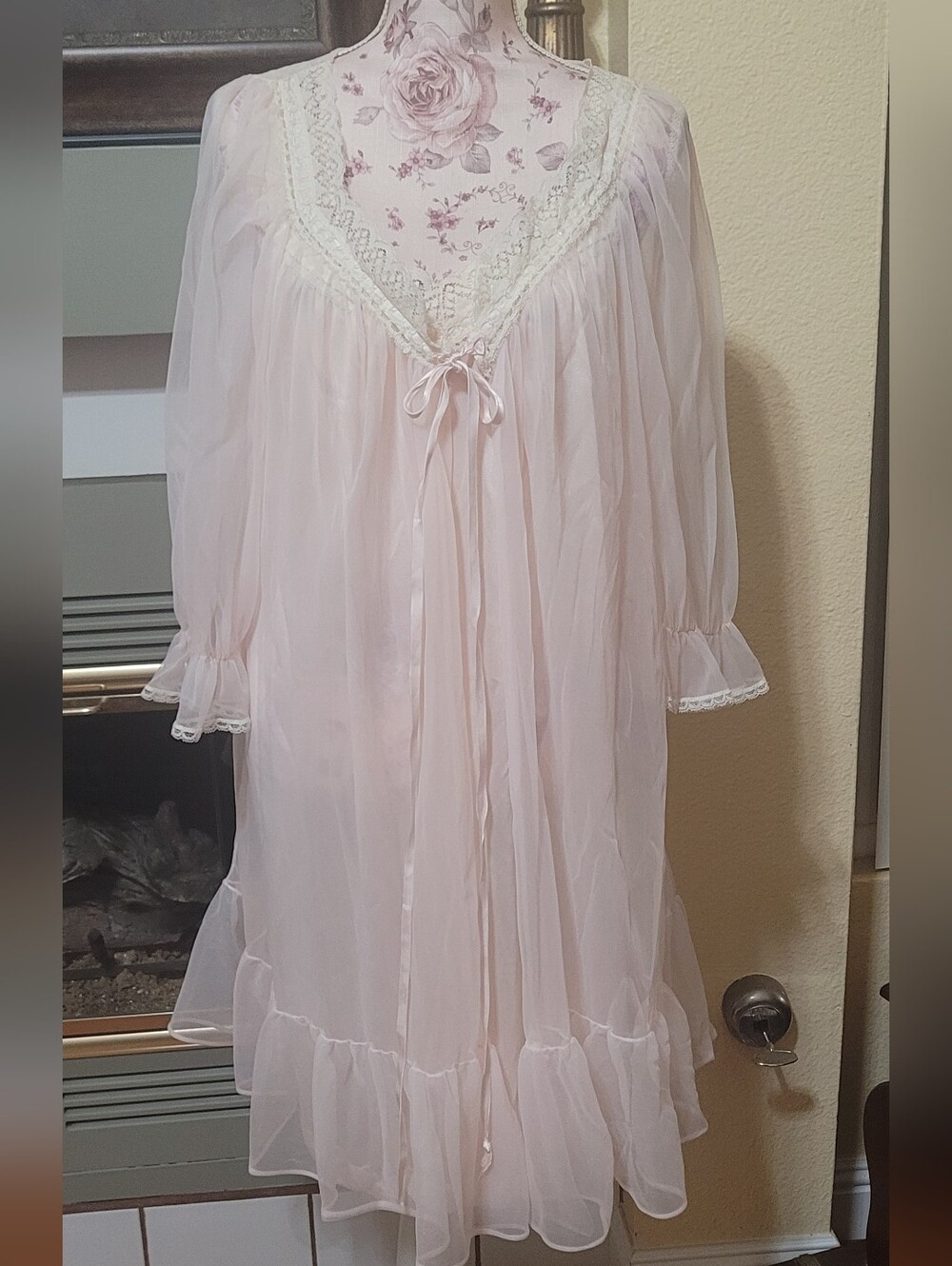 Delicate Sheer Pale Pink Long-Sleeve Chiffon Nightgown with Lace Trim